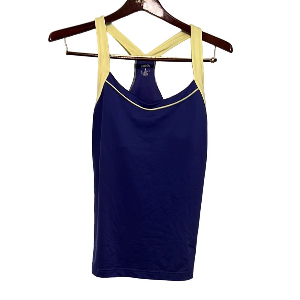 Reebok Blue and Cream Fitted Backless Tank Top Shelf Bra L